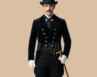Black Velvet Regency Tailcoat – Men's Victorian Double Breasted Frock Coat, Gothic Wedding Aristocrat Outfit