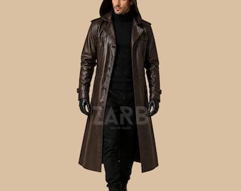 Men’s Dark Brown Genuine Leather Hooded Duster Coat, Long Gothic Trench, Custom Made