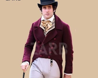 Men&#39;s Custom Maroon Wool Regency Tailcoat, 18th Century Gentleman Jacket, Victorian Mr. Darcy Coat for Weddings, Historical Events, Costumes