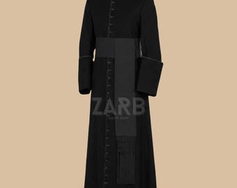 Black Roman Cassock with Black Trim Clergy Robe and Fascia Traditional Vestment