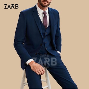 Navy Blue 3 Piece Wedding Prom Suit - Custom Made Business Suit - Bespoke Fit - Men's Formal Attire