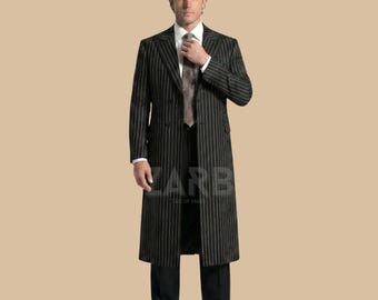 Men's Black Wool Pinstripe Long Overcoat – Tailored Vintage Style Formal Business Wear
