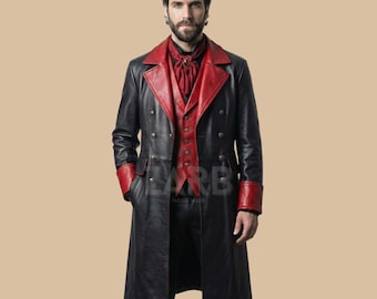 Men’s Gothic Leather Long Coat – Victorian Vampire Tailcoat, Black & Red Steampunk Trench
