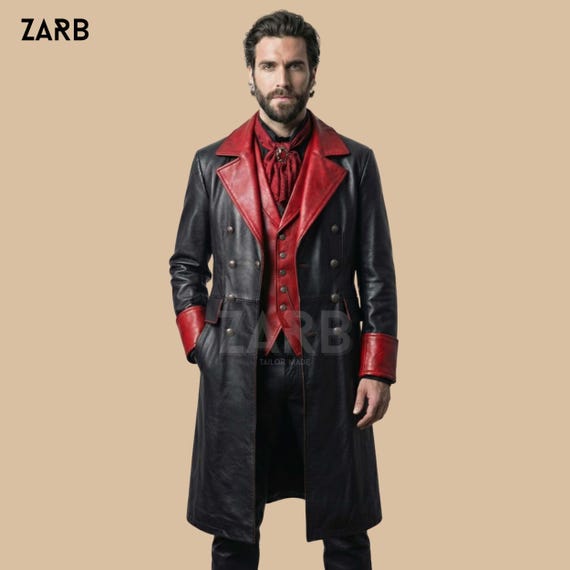 Men’s Gothic Leather Long Coat – Victorian Vampire Tailcoat, Black & Red Steampunk Trench
