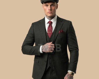 Black Pinstripe 3 Piece Suit – Peaky Blinders Style | Vintage 1920s Gangster Suit for Men