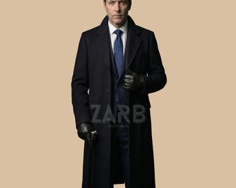 Navy Blue Suit Men Black Wool Long Coat Formal 3 Piece Suit Groom Outfit