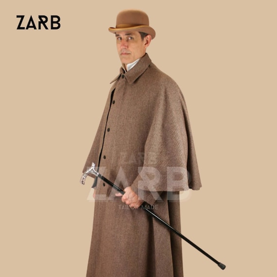 Men's Brown Wool Inverness Cape: Sherlock Holmes Victorian Cloak
