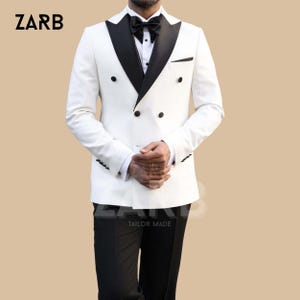 Men's White Tuxedo Suit - Double Breasted Slim Fit Formal Wedding Attire - Bespoke Tailoring
