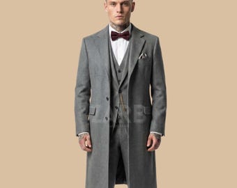 Gray Wool Peaky Blinders Suit with Long Coat – Thomas Shelby 3 Piece Vintage Outfit