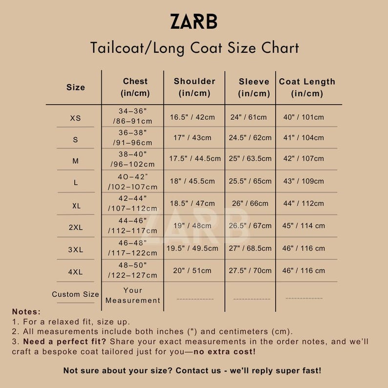 Tailcoat/Long Coat Size chart