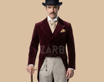 Burgundy Velvet Regency Tailcoat: Men's Victorian Wedding Aristocrat Jacket