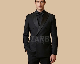 Black Double Breasted Tuxedo Suit: Slim Fit Formal Wedding Prom Tailored Menswear