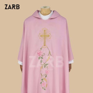 Pink Chasuble with Cross Embroidery | Floral Gothic Priest Vestment | Liturgical Robe for Mass, Easter, Church Services