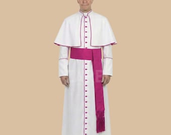 White Roman Cassock with Purple Trim | Catholic Clergy Priest Soutane Robe