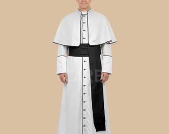 Abito talare romano bianco con rifiniture nere / Abito talare per preti cattolici con mozzetta
