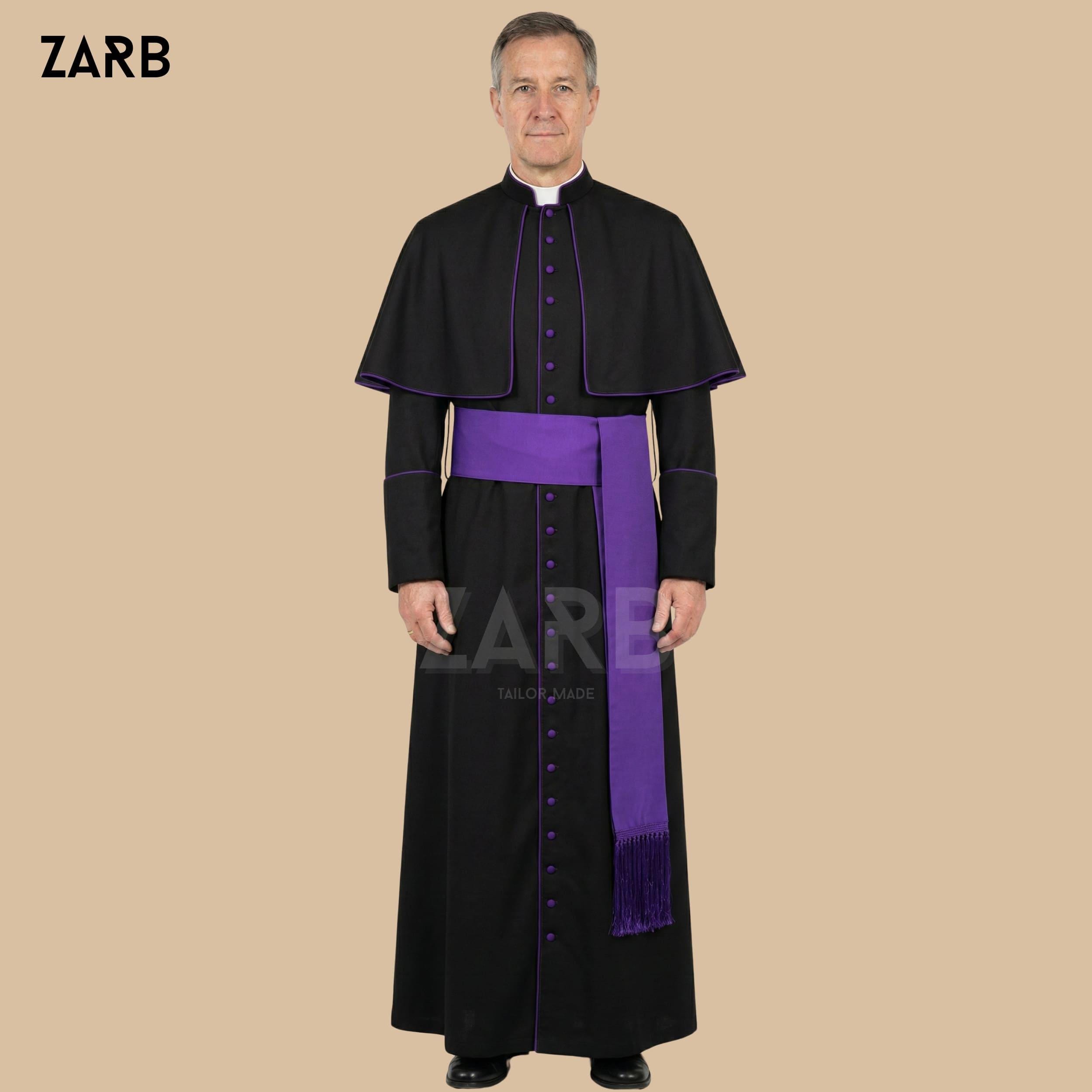 Black Roman Cassock With Purple Trim, Pellegrina, Fascia, Made to