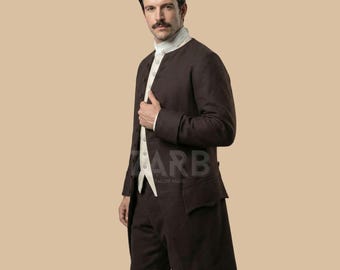 Colonial Frock Coat Men 18th Century Wool Regency Costume Brown Green