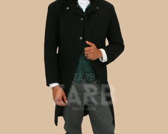 Zwarte wollen regenjas: vintage Edwardiaanse geklede jas