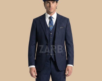 Peaky Blinders Navy Blue Pinstripe Suit – 3 Piece Vintage 1920s Gangster Suit for Men