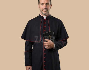 Black Roman Cassock Red Trim Priest Cassock Pellegrina Clergy Robe Traditional Vestment
