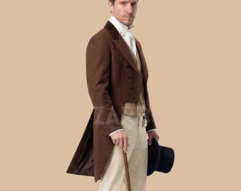 Brown Wool Regency Tailcoat: Men's Victorian Frock Coat for Gentleman's Outfit