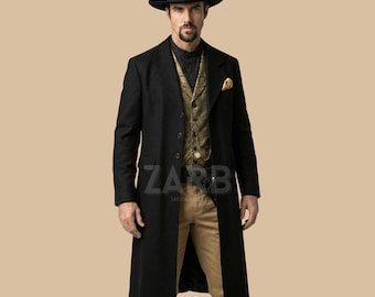 Black Wool Rifle Coat for Men | Tombstone Long Coat, Old West Duster Style