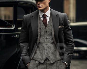 Men's Gray Tweed Suit: Peaky Blinders Style Long Coat - Tailor Made