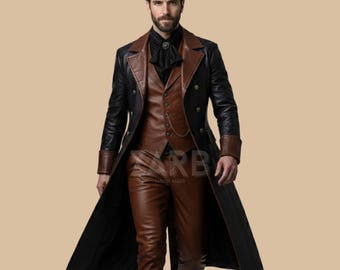 Victorian Steampunk Leather Suit – Gothic Wedding Tailcoat with Vest & Trousers for Men