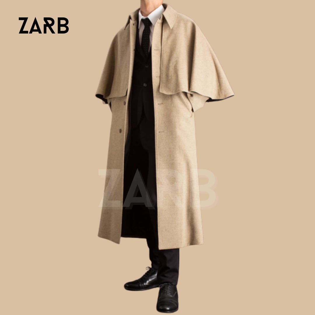 Men's Beige Wool Inverness Cape Coat: Victorian Garrick
