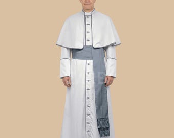 White Roman Cassock with Gray Trim | Catholic Clergy Priest Soutane with Mozzetta