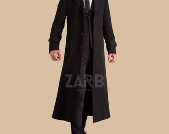 Men Black Wool Long Coat Formal Winter Coat Tailored Classic Vintage Style Overcoat