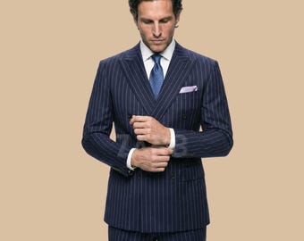 Navy Pinstripe Double Breasted Suit – Men’s 1920s Gangster Style Custom Tailored Wedding Suit