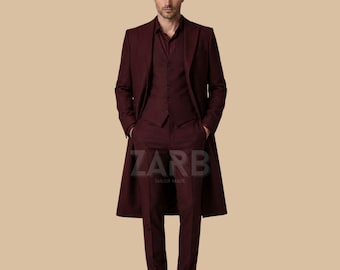 Men’s Burgundy Victorian Long Coat Suit, Gothic Wedding Outfit, Custom Tailored