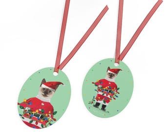 Siamese leuke kerstman! Glanzend gecoat metalen kerstornament.