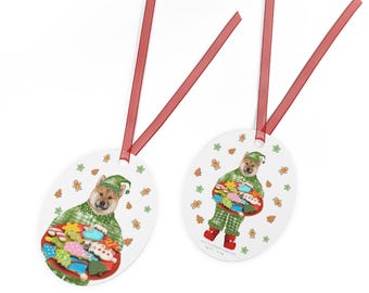 Leuke Shiba Inu-hond in pyjama! Glanzend gecoate metalen kerstversieringen met rood lint.