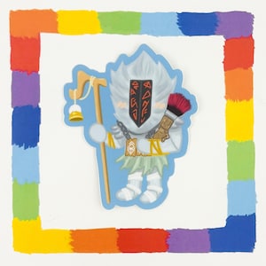 May include: A sticker featuring a cartoon character with a white beard and hair, holding a staff and a paintbrush. The character is wearing a white outfit with a shield. The sticker is surrounded by a rainbow-colored border.