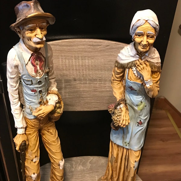 Grandma & Grandpa Folk Art Sculpture Old Woman and Elderly Man  L Toni Italy