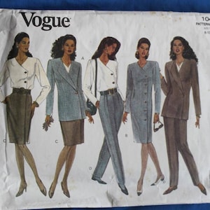 May include: Vogue pattern envelope featuring illustrations of women's suits and separates. The designs include blazers, skirts, pants, and a dress, in various colors. The envelope is white with the Vogue logo and pattern details.