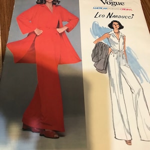 May include: A vintage sewing pattern featuring two fashion illustrations. One shows a woman in a red pantsuit with a long coat. The other shows a woman in a white jumpsuit. The text reads "Very Easy Vogue" and "Leo Narducci."