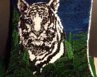 Majestic White Tiger Latch Hook Rug Completed Window Hanging, Floor Rug, Wall Hanging and Window Art Size 30 X 36 inches