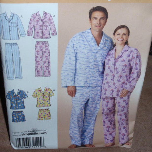Simplicity 2821 Easy to Sew Misses, Men's and Teens Pajamas  Size XS to XL  New-Uncut