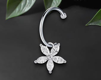 Surgical Steel Lip Ring with Flower Dangle and CZ, No Piercing Jewelry, Simple Lip Ring, Faux Cuff, Lip Decoration, Minimalist Ring, Silver