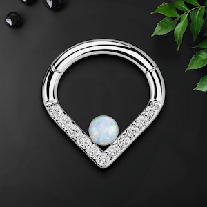 Anello clicker in titanio a forma di goccia con opale bianco, anello piercing, clicker daith, orecchino setto, piercing al naso, gioielli daith