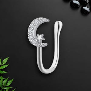 Silver Plated Nose Cuff with Moon and Star, Fake Nose Jewelry, Faux Nose Cuff, Temporary Nose Ring, Fake Septum Piercing, Nose Fashion