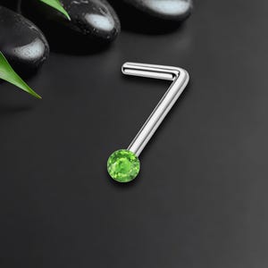 Surgical Steel L-Shaped Nose Ring Stud with Green Zirconia, Nose Screw, Small Nose Ring, Diamond Stud
