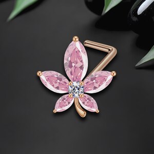 Gold Plated L-Shaped Nose Ring Stud in Crystal Flower Style, Crystal Nose Jewelry, Nose Pin, Nose Screw Jewelry