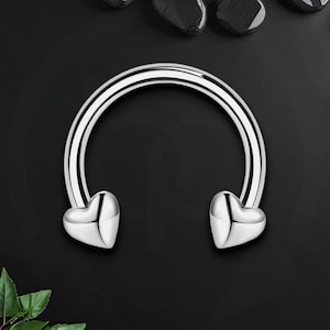 Surgical Steel Horseshoe Ring with Silver Hearts, Helix Hoop, Horseshoe Ring, Tragus Piercing, Circular Barbell Earring, Cartilage Earring