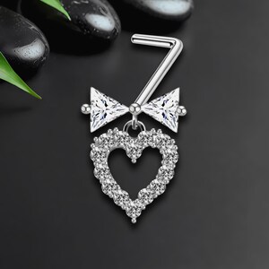 Silver Plated L-Shaped Nose Ring Stud with Heart and Crystals, Small Nose Ring, Nose Screw Jewelry, Dainity Nose Pin