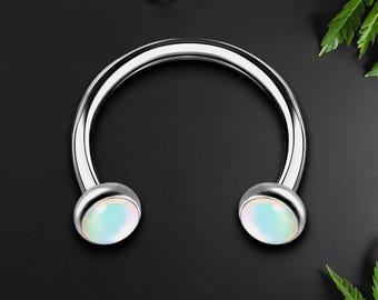Titanium Horseshoe Ring with White Glow Gemstone, Tragus Piercing, Circular Barbell, Horseshoe Earring, Nose Ring, Ear Piercing, Silver