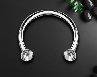 Titanium Horseshoe Ring with Clear Crystals, Horseshoe Jewelry, Daith Hoop, Circular Barbell Piercing, Rook Earring, Conch Ring, Silver